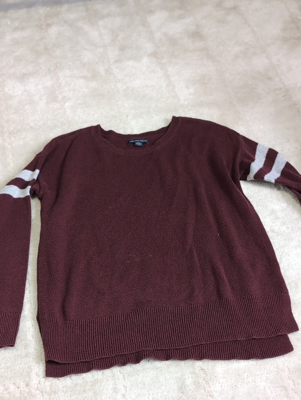 American Eagle Outfitters Burgundy Crewneck Sweater with Cream Sleeve Stripes